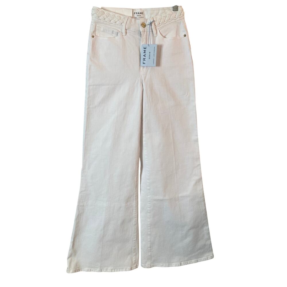 Frame Le Palazzo Jeans Womens 27 White High Rise Wide Leg Braided Trim New